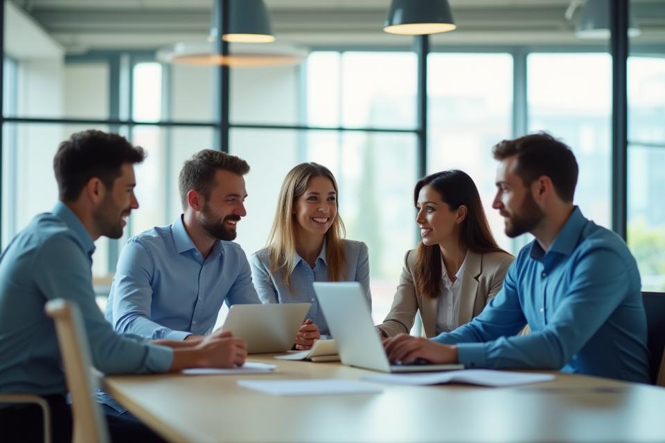 SwissVignetteGo team members collaborating in a modern office environment, symbolizing efficiency and service.