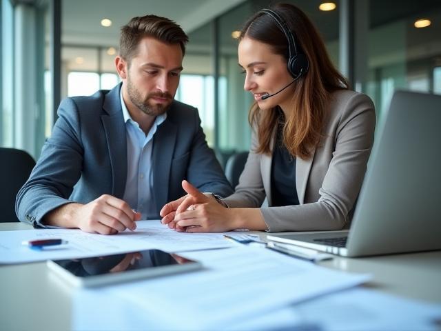 Two people discussing documents over a desk, representing personalized customer support.